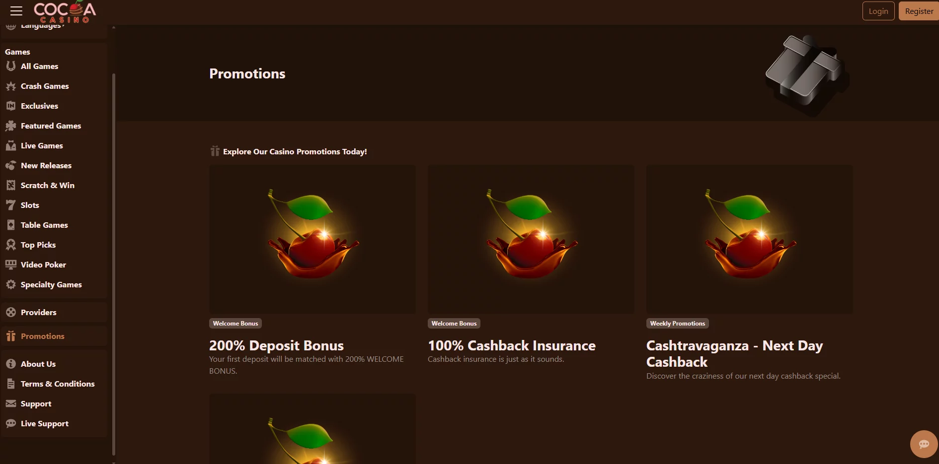 Cocoa bonus banner with casino rewards and offers