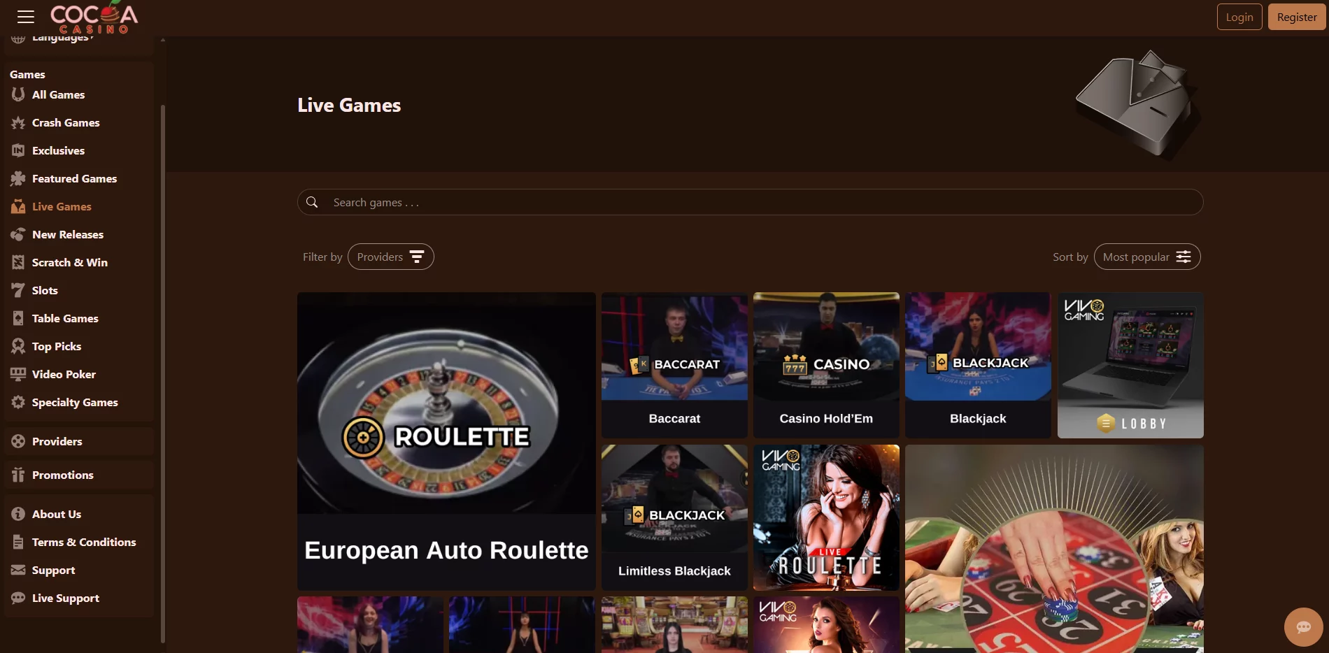 Cocoa live games banner with real dealer casino tables
